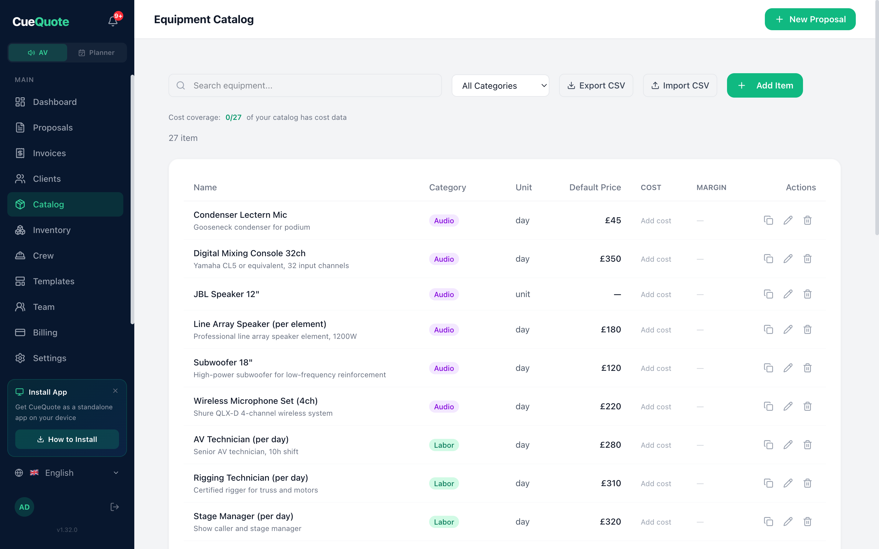 Equipment catalog with categories, pricing, and cost tracking